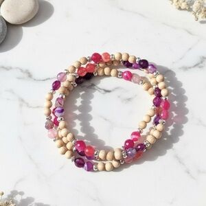 Multicolor Quartz Agate Wood Beaded Triple Wrap Bracelet